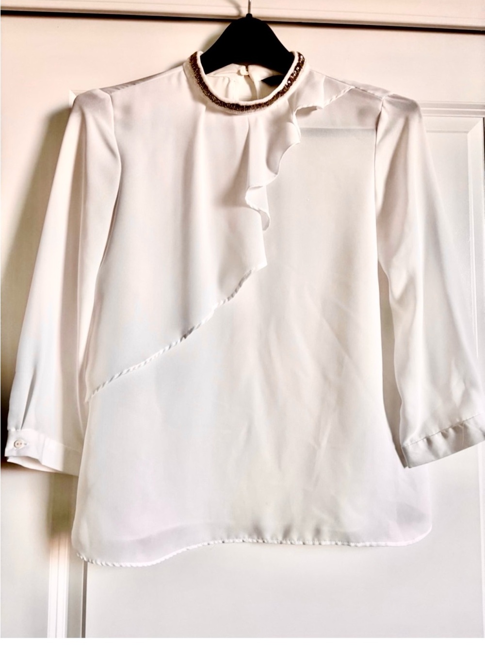 Zara Embellished Neck White Ruffle Blouse size small